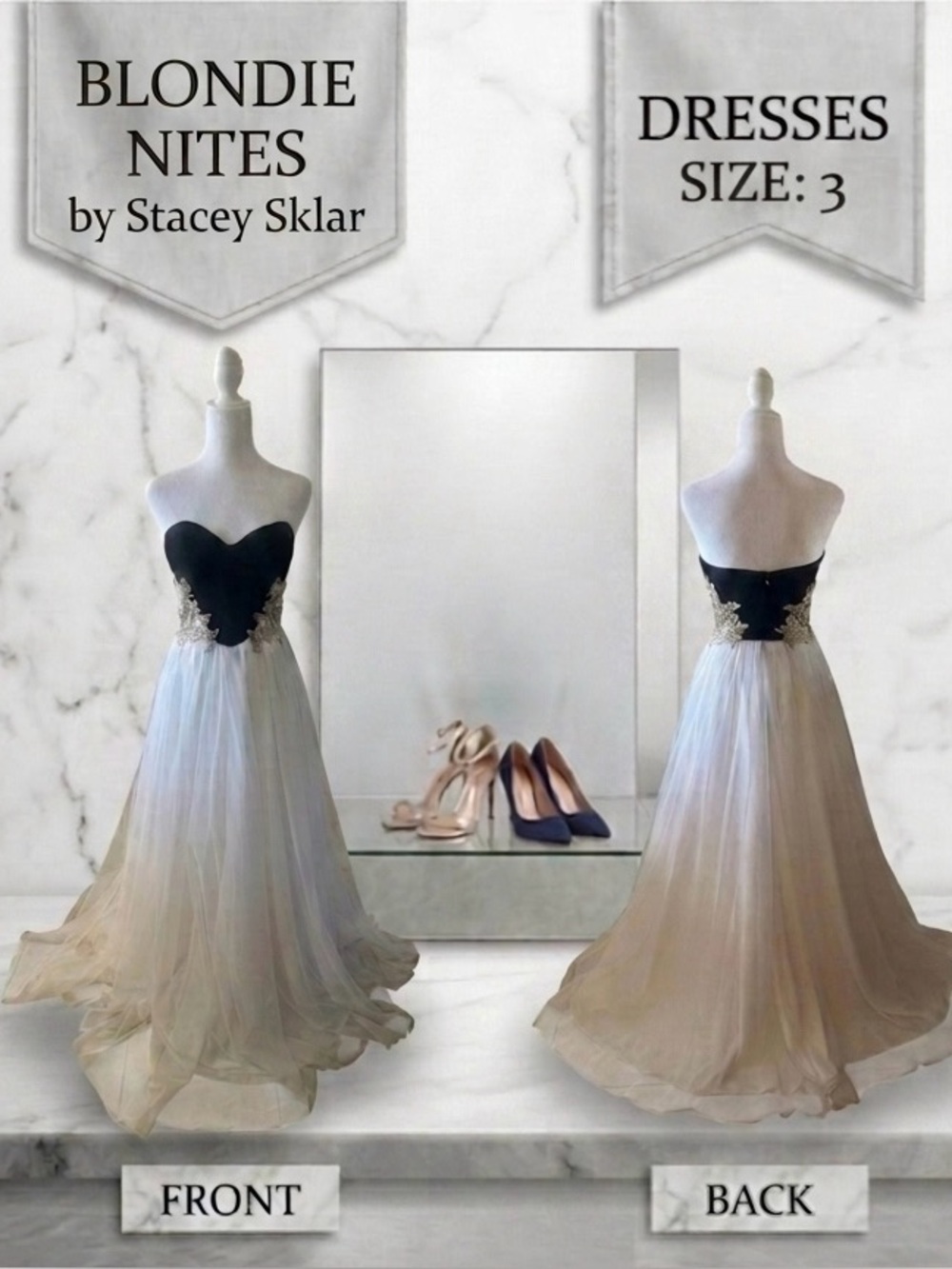 Blondie Nites Stacey Sklar Strapless Tulle Ball Gown Dress Black White Gold Sz 3